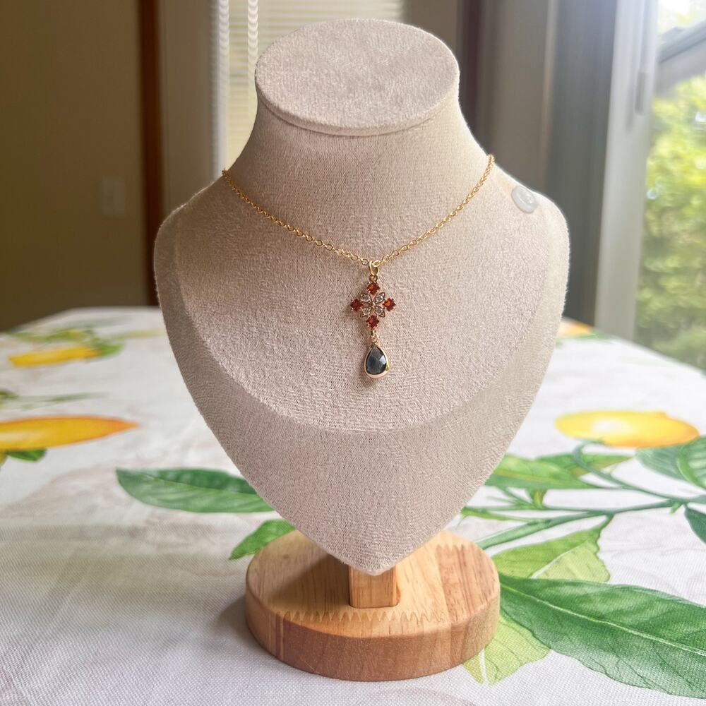 Topaz Gray Tourmaline Necklace, Diamond Cross Shape, Teardrop, Western Casual